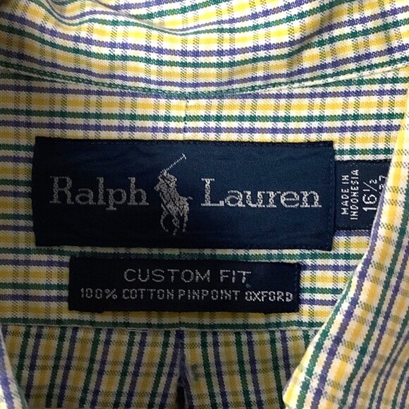 Ralph Lauren Men Custom Fit Long Sleeve Shirt Size 16.5/36-37 Yellow Blue Checks - Picture 3 of 7